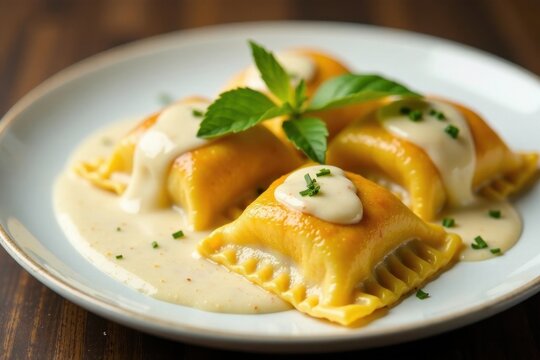 Close-up of golden-brown ravioli filled with salami and mozzarella, drizzled with creamy alfredo sauce on a plate, baked goods , muzzarella