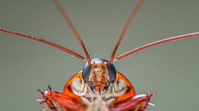 Extreme macro shot of a cockroach, revealing intricate details of its head and antennae.