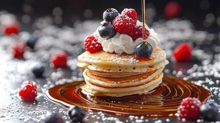 Golden pancakes drizzled with syrup and adorned with fresh berries and whipped cream make a tempting treat.