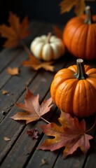 Cozy autumnal scene with pumpkins and fall leaves on dark wood table , autumn, seasonal