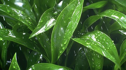 Obraz premium Rain drops on lush green leaves, natural background, ideal for nature websites