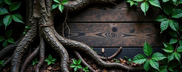 Obraz premium Dark wood background with old, gnarled tree roots and vines, overgrown, dark wood