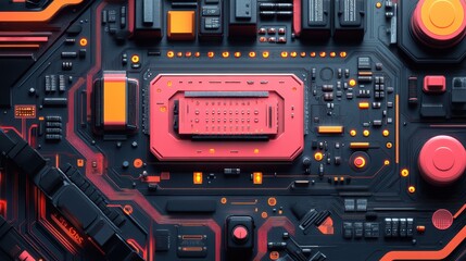 Fototapeta premium Close-up of an intricate, futuristic circuit board with vivid red and orange LED lights highlighting various components and structures