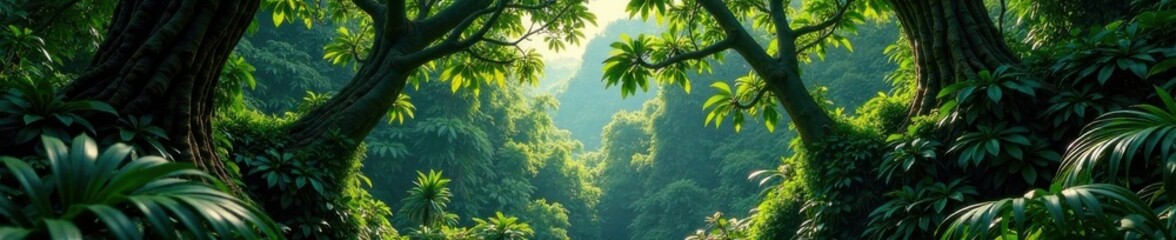 Obraz premium Dense foliage of tropical trees with epiphytes, nature, vines