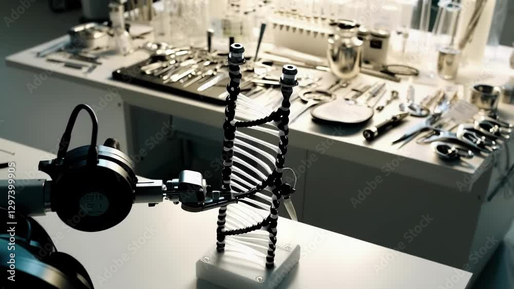 Poster modern laboratory equipment including surgical tools, beakers, and test tubes sits on a table as a r