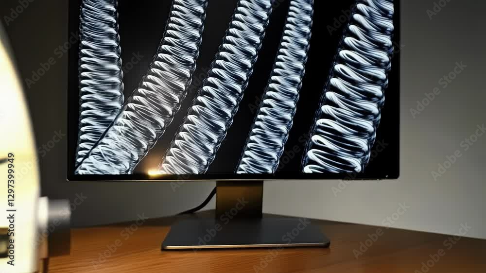 Poster scientific research involves using a microscope to examine dna strands displayed on a monitor, advan