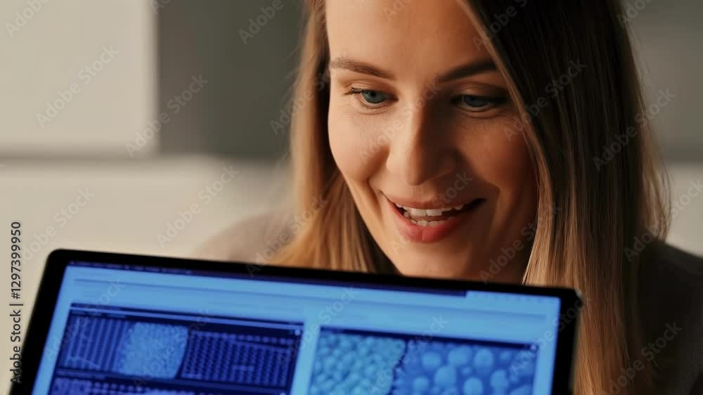 Poster female scientist carefully analyzing research data and charts on tablet screen, displaying enthusias