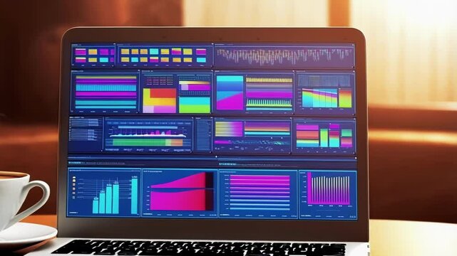 Colorful medical interface showing various patient health data analysis on a laptop screen, placed on a wooden table next to a cup of hot coffee in a cozy, warm toned environment