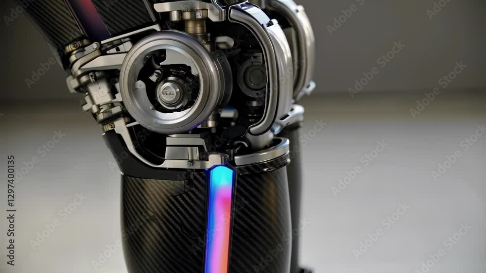Poster Robotic leg revealing intricate internal mechanisms, glowing with luminescent details highlighting advanced technological precision and futuristic biomechatronic engineering design