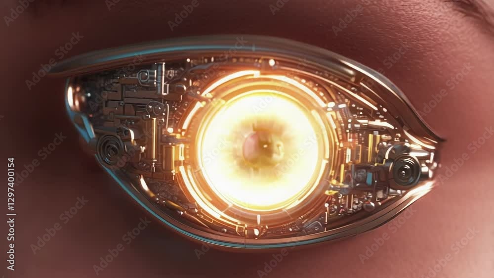 Poster Cybernetic eye implant displaying intricate internal mechanisms, representing cutting edge medical innovation and advanced technological augmentation of human vision