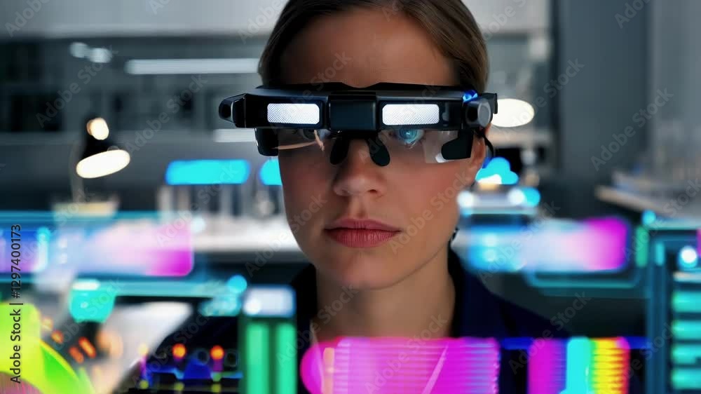 Aufkleber innovative medical scientist wearing augmented reality glasses analyzes holographic data in modern l