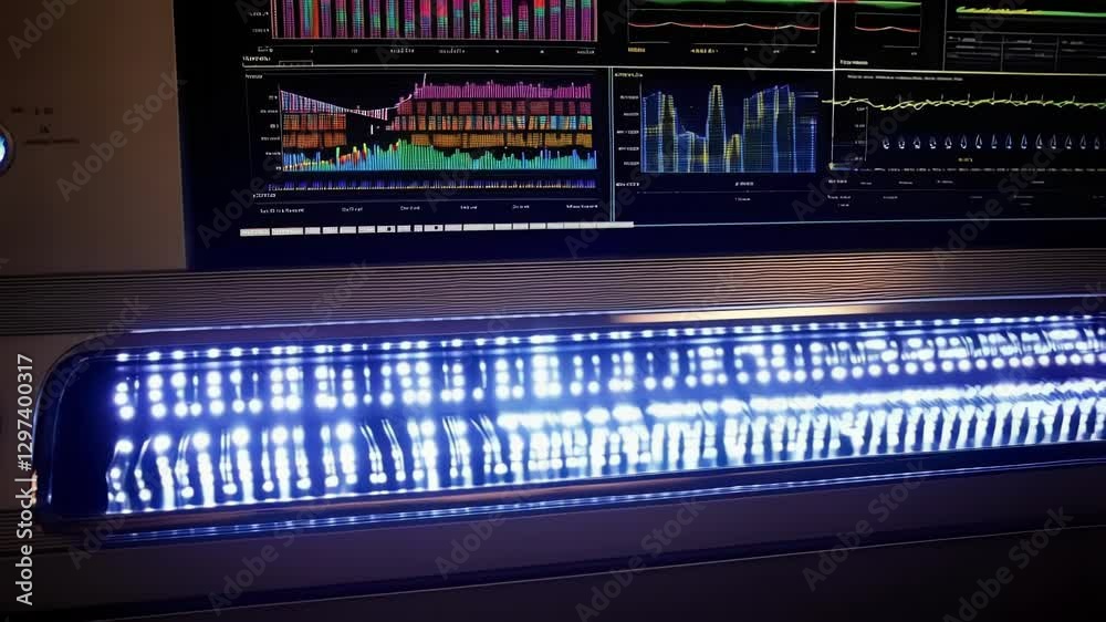 Poster Complex medical equipment displays changing vital signs data on its screen while a row of leds below produces various lighting effects, possibly indicating different statuses or alerts