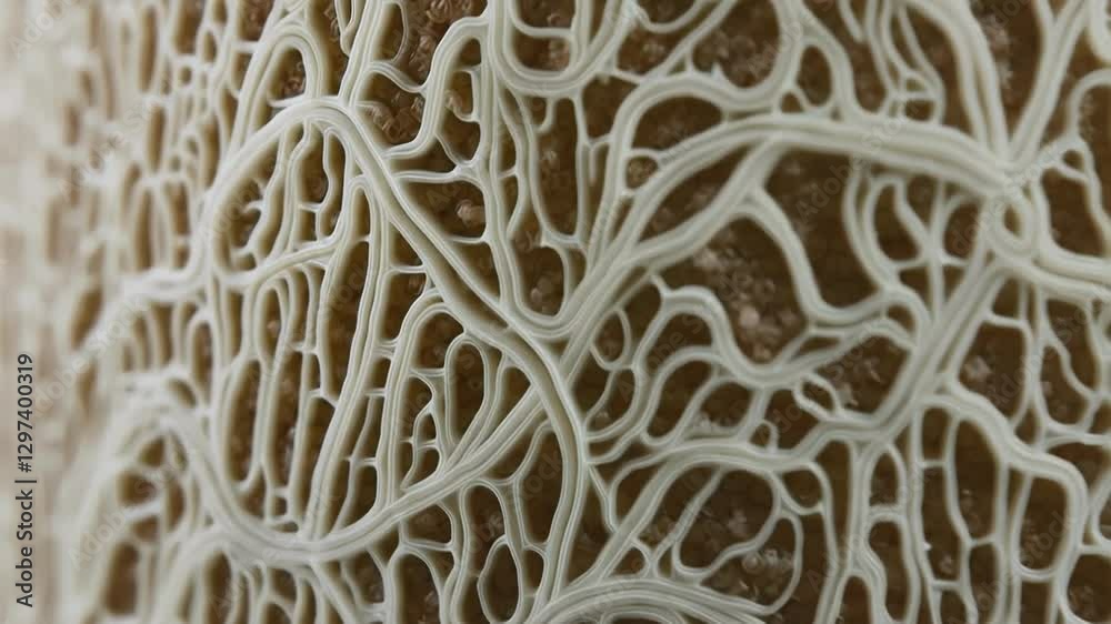 Poster white veins are growing and branching on a beige surface, resembling a complex biological network ev