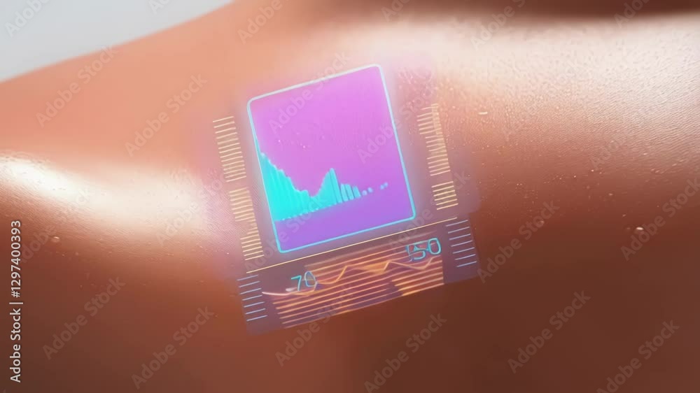 Poster Innovative medical device displaying dynamic health metrics through advanced microchip patch adhering directly to human skin, representing cutting edge digital health monitoring technology