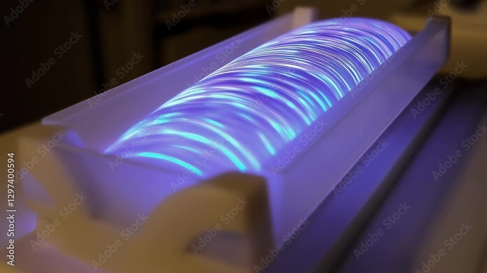 Poster optical fiber strands glowing and transforming colors within white container, revealing vibrant ener
