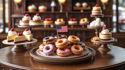 delicious donuts a cafe table, American flag
