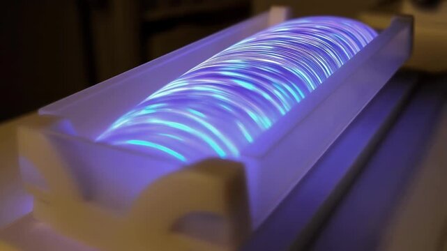Optical fiber strands glowing and transforming colors within white container, revealing vibrant energy of communication technology through luminescent scientific display