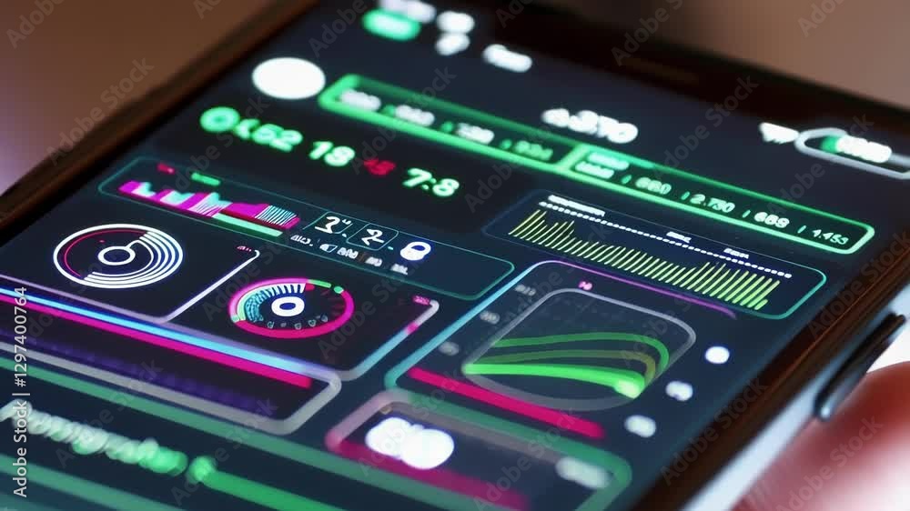 Poster Futuristic health monitoring app interface displayed on smartphone screen, held by a hand, showing vital signs, progress, and other relevant health data, with changing values and indicators