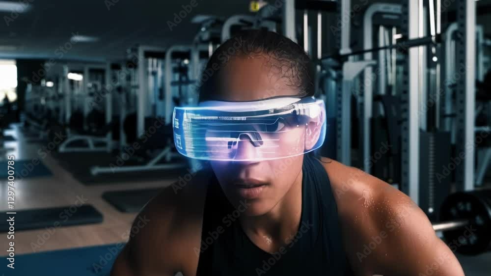 Poster sweat glistens on an athlete's skin as she pushes through an intense workout, futuristic smart glass
