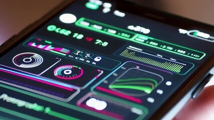 Futuristic health monitoring app interface displayed on smartphone screen, held by a hand, showing vital signs, progress, and other relevant health data, with changing values and indicators