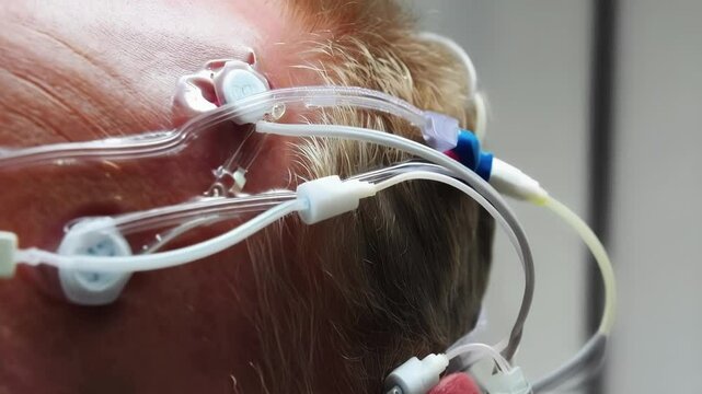 Professional neurologist conducting detailed electroencephalography monitoring. Placing electrodes on patient's scalp for comprehensive brain wave analysis during neurological diagnostic procedure