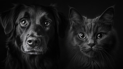 Close-up of dog and cat faces in b&w