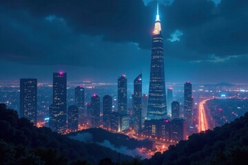 Fototapeta premium Futuristic cityscape with a tall skyscraper at night, urban, skyscraper