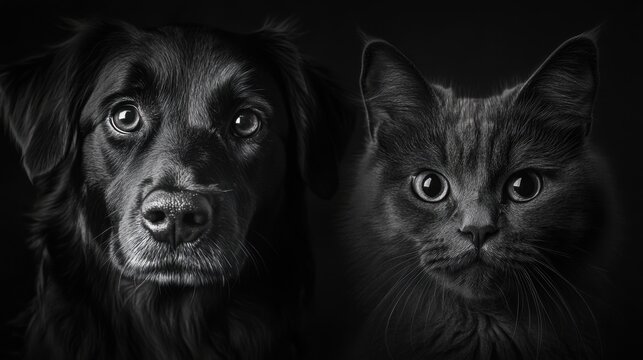 Close-up of dog and cat faces in b&w