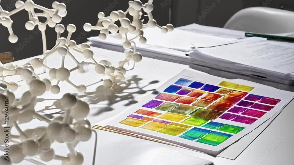 Poster white molecular models stand on a table alongside stacks of paper and colorful research data printou