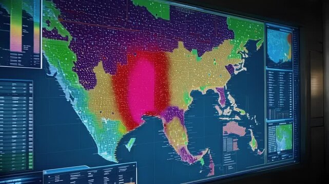 Virus outbreak visualization spreading across north america on a futuristic digital map displayed on a large screen in a high tech control room