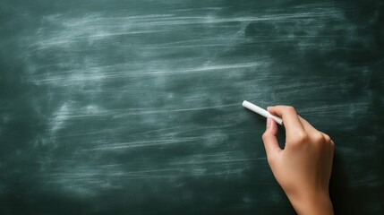 Chalk in hand against green chalkboard