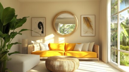 Bright and airy living room with yellow sofa