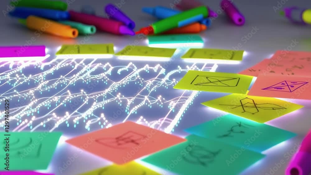 Poster Colorful sticky notes with medical symbols lie on a table next to markers, illuminated by glowing digital charts depicting vital signs or other health data, suggesting a healthcare strategy session