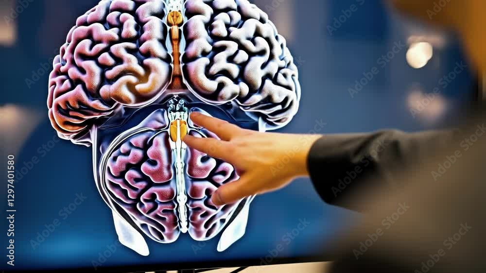 Poster experienced medical professional analyzing human brain anatomy, pointing to brain stem region using 