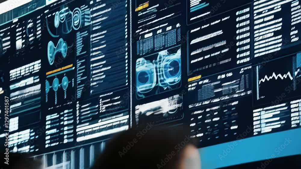 Poster business executives and stock traders analyze real time market data on a large screen, assessing fin