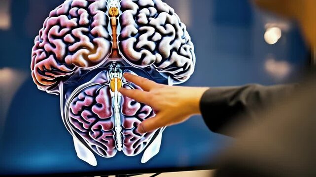 Experienced medical professional analyzing human brain anatomy, pointing to brain stem region using advanced digital touchscreen technology in clinical setting