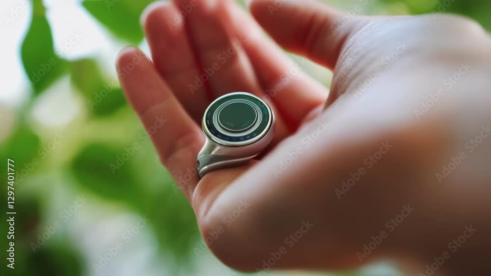 Poster woman hand gently holding a smart ring with a rotating bezel, showcasing its innovative design and f