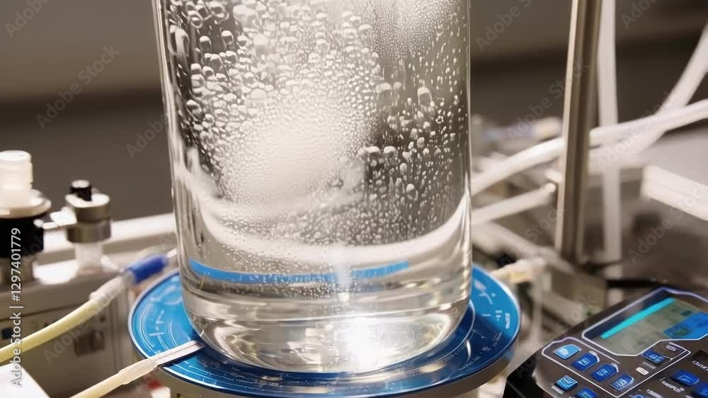 Aufkleber laboratory equipment mixes a white substance into clear water, creating bubbles and a swirling effec