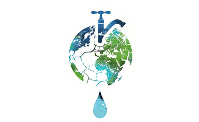 Cracked dirt earth logo with flowing water and faucet | Blue, green, white color palette on white background, flowing style
