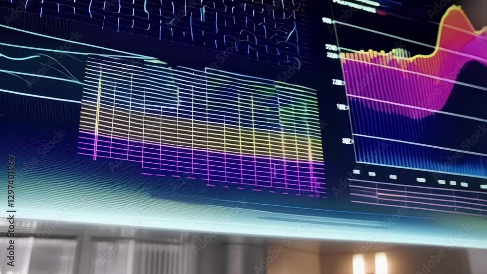 Poster Complex medical data analysis showing virus contamination progression displayed on a transparent digital screen with colorful charts and graphs, suggesting a critical health situation