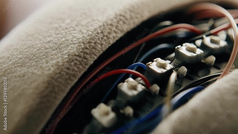 Poster Close up view of a brain computer interface, showcasing sensors and wires attached to a soft headpiece, possibly measuring brain waves and neural activity for research or medical purposes