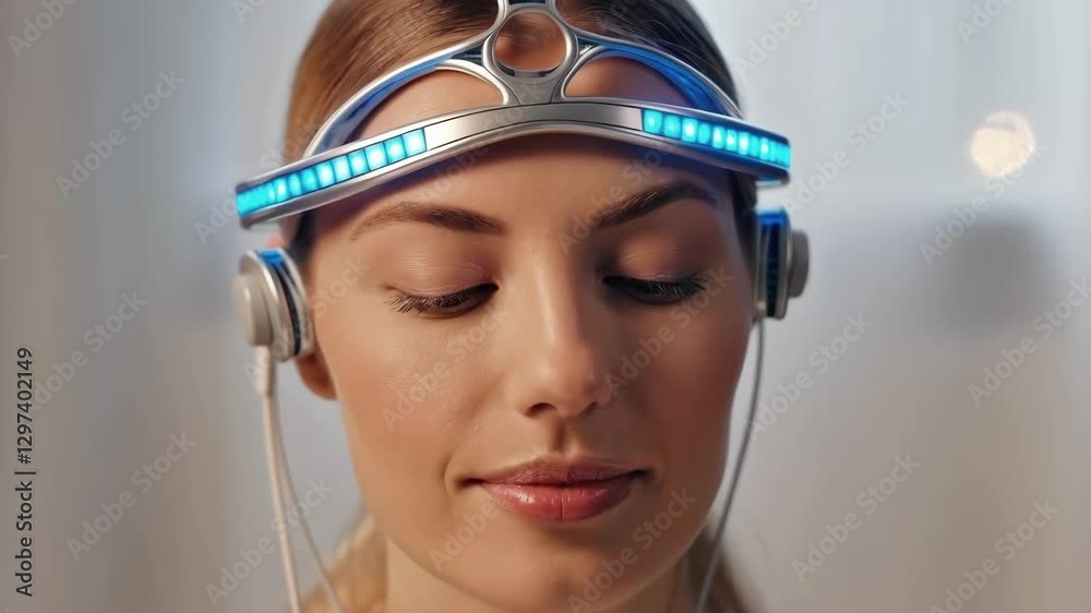 Poster Innovative technology illuminates a woman's face, suggesting a brain photobiomodulation session for enhanced cognitive function and mental well being