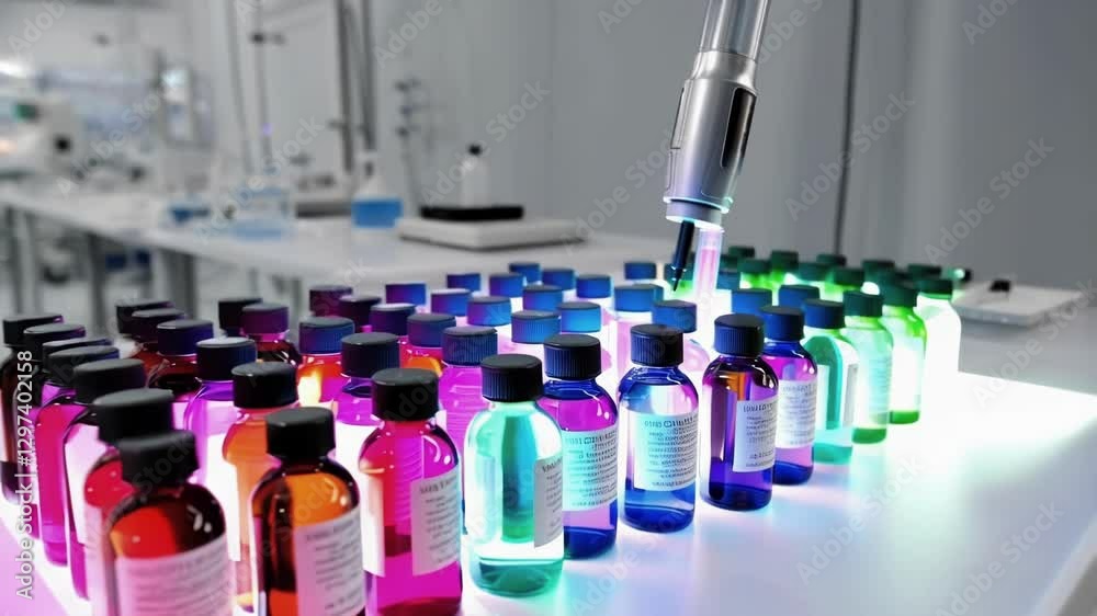 Poster modern pharmaceutical lab utilizes robotic arm for precise filling of colorful vials, showcasing aut