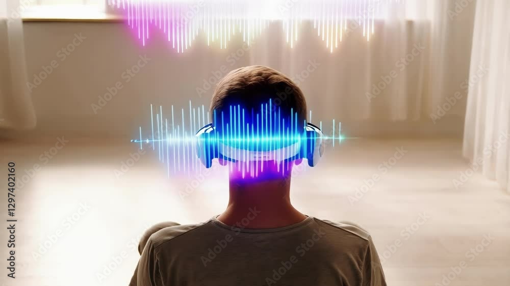 Poster Young man immersed in music, experiencing vibrant sound waves visualizing from head while sitting in luminous room, embodying creative connection between technology and personal audio enjoyment
