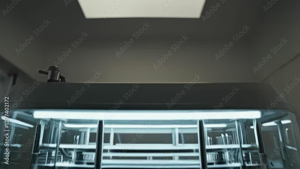 Poster Modern bioprinting machine creating a layer of living tissue inside a transparent container, illuminated by a white light, in a sterile laboratory environment