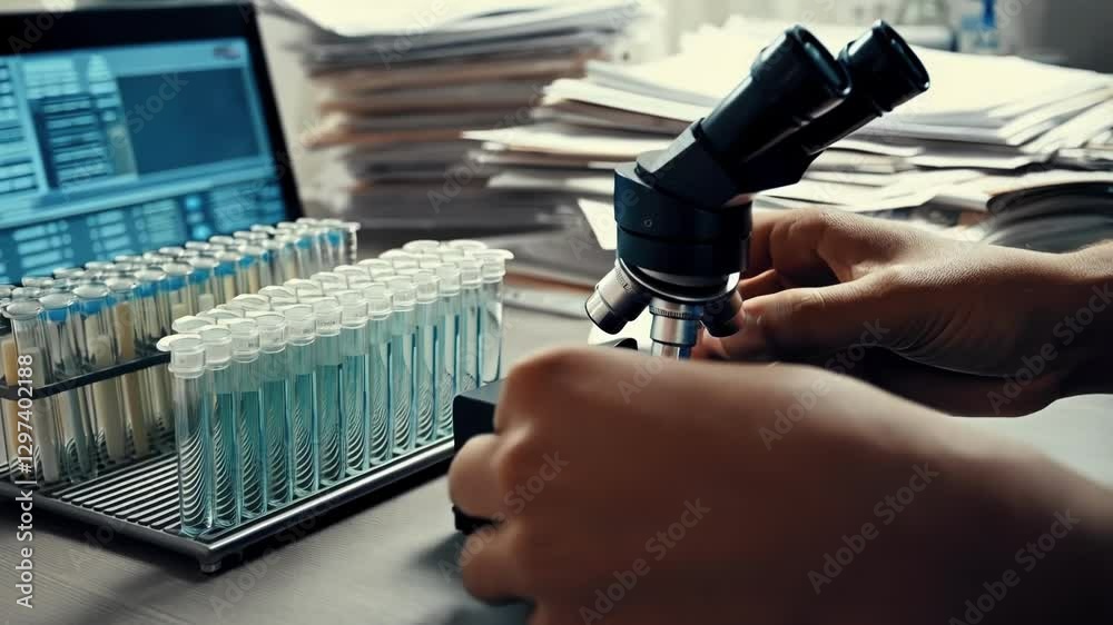Aufkleber Laboratory technician adjusts microscope focus, preparing for scientific research with test tubes containing blue liquid samples nearby and a computer displaying data in background