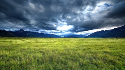 Obraz premium Moody and Dramatic Landscape with Vast Meadows and Stormy Clouds in the Mountains A scenic and atmospheric view of a remote countryside with rolling hills lush green grass and an ominous cloudy sky