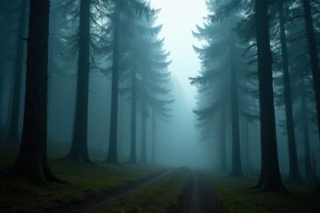 Naklejka premium Misty forest with tall firs and foggy atmosphere, nature, woodland