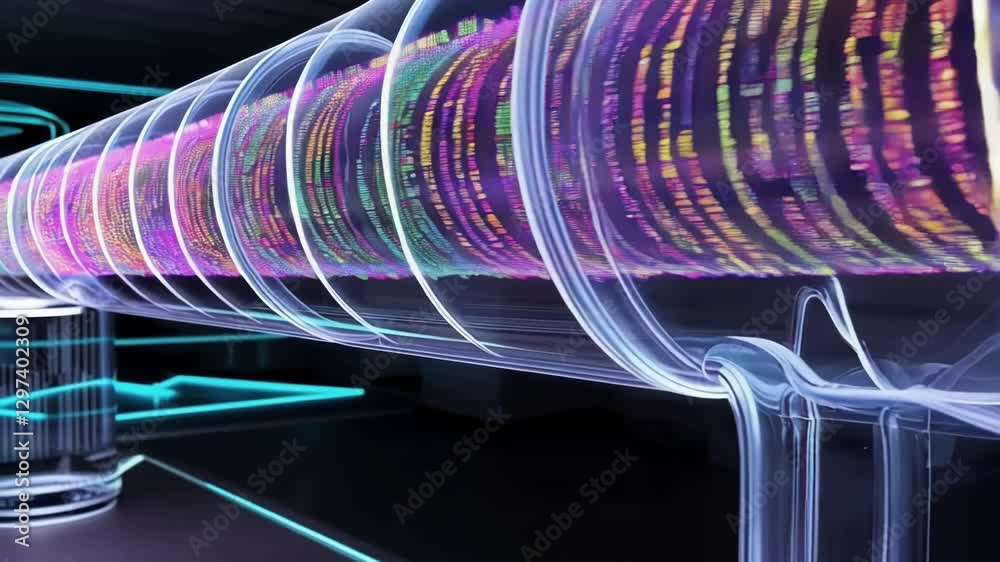 Poster Complex genetic sequences move through transparent cylindrical structures, suggesting advanced dna research or data processing in a technologically advanced setting