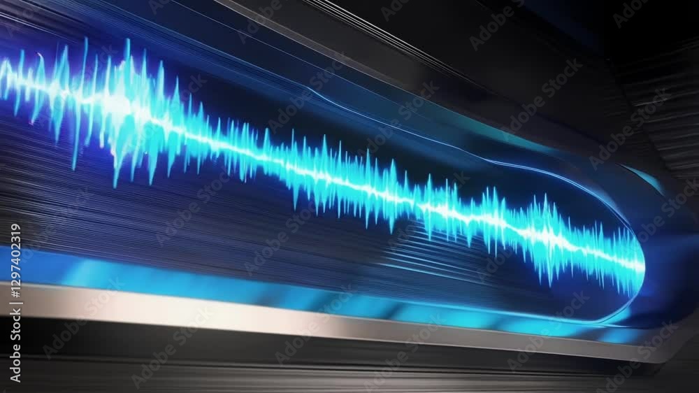 Aufkleber Neon waveforms pulsating dynamically across metallic surface, visualizing complex audio data and representing futuristic digital communication technology